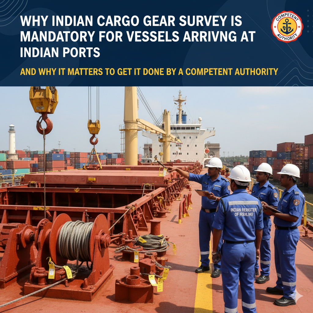 Why Indian Cargo Gear Survey Is Mandatory for Vessels Arriving at Indian Ports  And Why It Matters to Get It Done by a Competent Authority